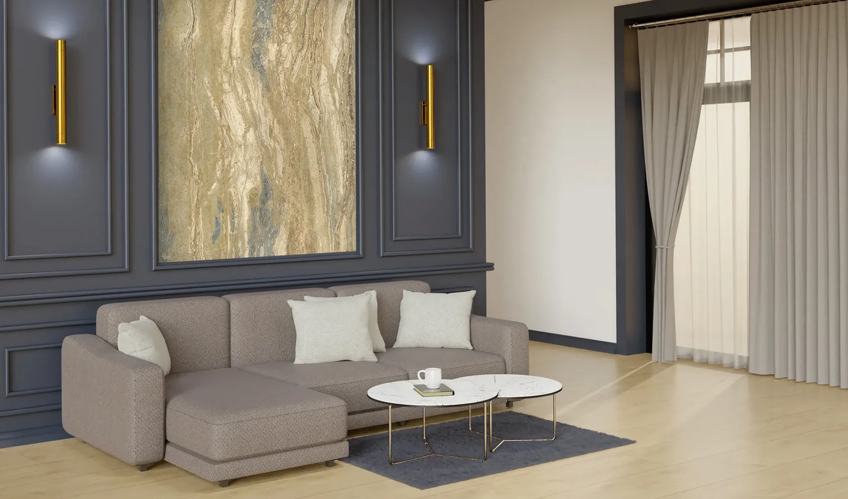 Травертин Travertine Rainbow в интерьере (панно / панно с подсветкой / камень с подсветкой)